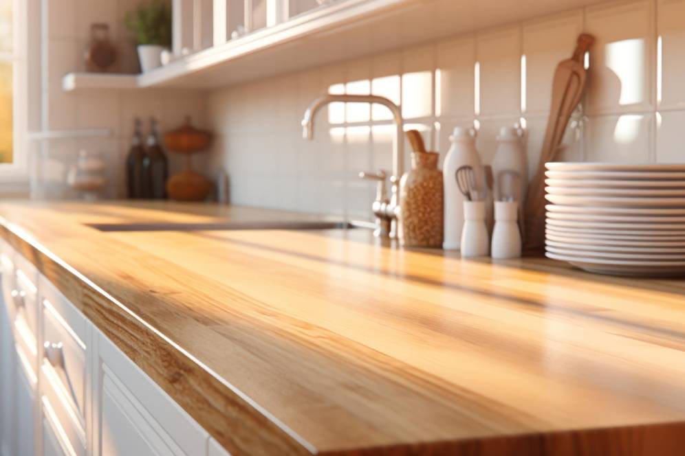 Sunny kitchen interior with wooden countertop, plates, and utensils by window.
